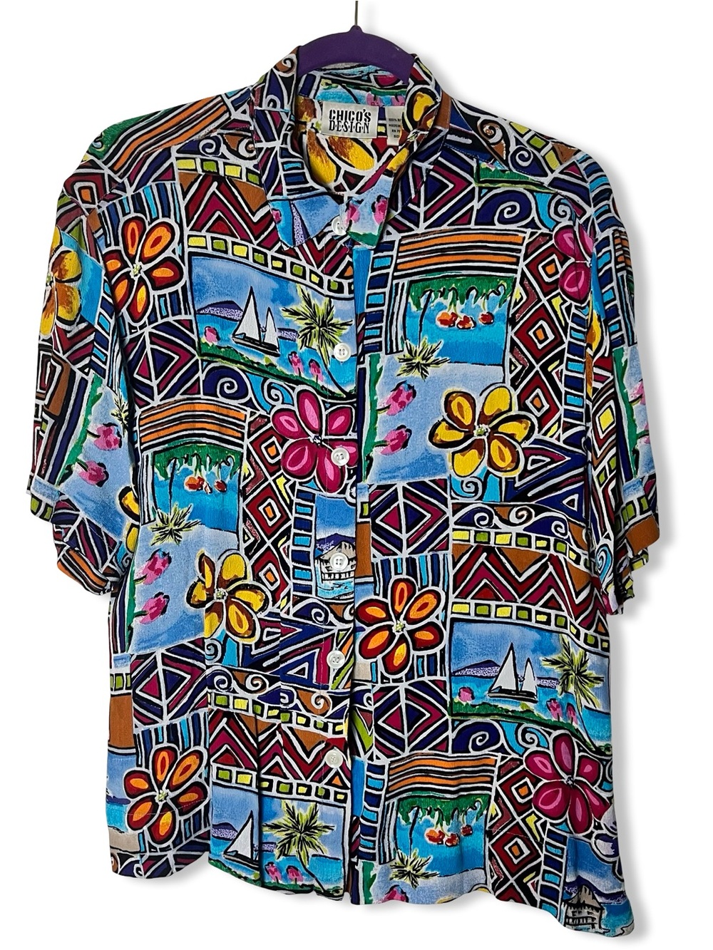 Chico’s Design Vintage Tropical Patchwork Print Shirt Multicolor Geometric Sz. 3